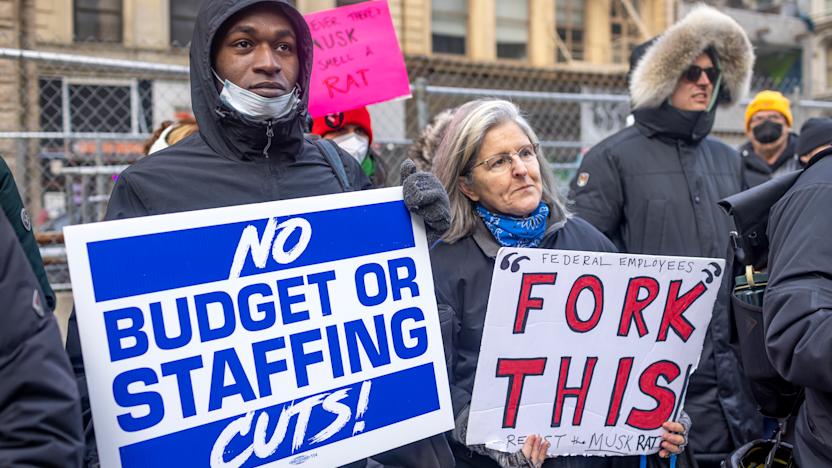 NEW YORK CITY, NEW YORK, UNITED STATES - 2025/02/19: Federal workers and protestors speak out against U.S. President Donald Trump and Elon Musk, the tech billionaire, who is leading the so-called Department of Government Efficiency (DOGE), and their push to gut federal services and impose mass layoffs. Protests have spread in cities across the nation against the Trump administration's freezing of federal funds, mass layoffs, and a disregard of union contracts. (Photo by Michael Nigro/Pacific Press/LightRocket via Getty Images)