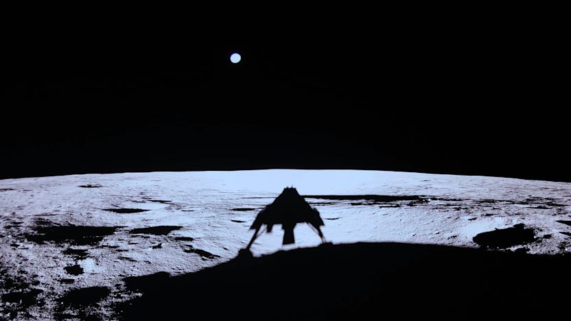 An image captured by the Blue Ghost lander shows the spacecraft's shadow on the surface of the moon, looking out to the horizon with the tiny dot of Earth in the distance