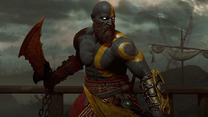 Still from God of War Ragnarok of Kratos wearing the black and gold Dark Odyssey skin.