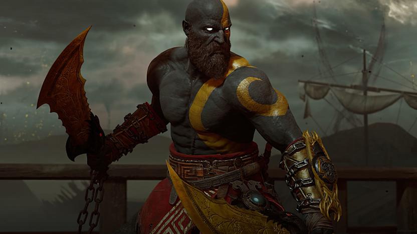 Still from God of War Ragnarok of Kratos wearing the black and gold Dark Odyssey skin.