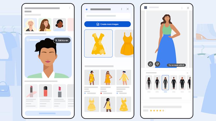 A Google illustration of three smartphones showing its latest AI shopping tools.