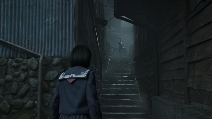 A computer graphic image of a girl wearing a Japanese high school uniform facing a creature in the background.