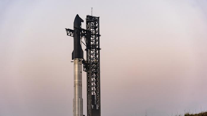 A rocket on a launch pad.