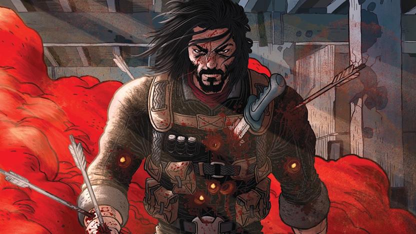 Cover art for an issue of BRZRKR showing the main character walking forward with multiple arrows and a knife sticking out of his body