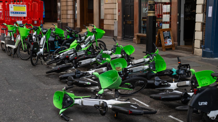 LONDON, ENGLAND - MARCH 27: Lime bikes lay in the road on March 27, 2024 in London, United Kingdom. (Photo by Carl Court/Getty Images)