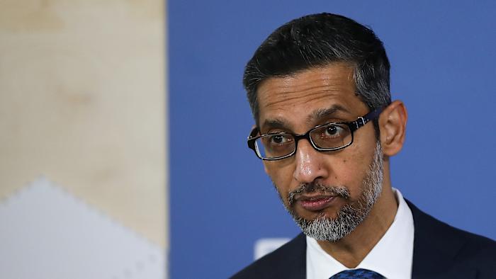 Alphabet and Google CEO Sundar Pichai meets with Polish Prime Minister Donald Tusk at Google for Startups in Warsaw, Poland, on February 13, 2025. (Photo by Klaudia Radecka/NurPhoto via Getty Images)