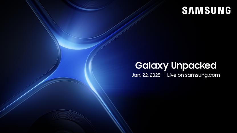 Samsung's invitation for it's first Galaxy Unpacked event, showing some glowing squares.