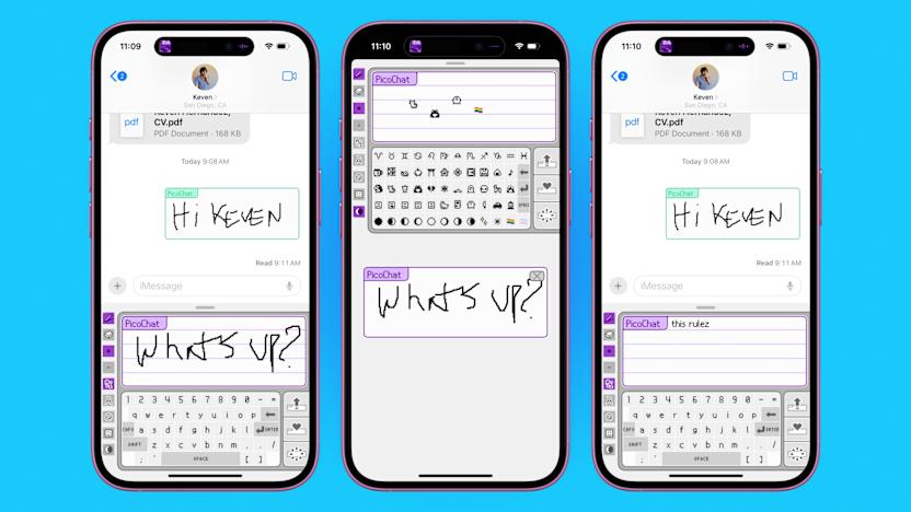 Three screenshots from the PicoChat app for iMessage.