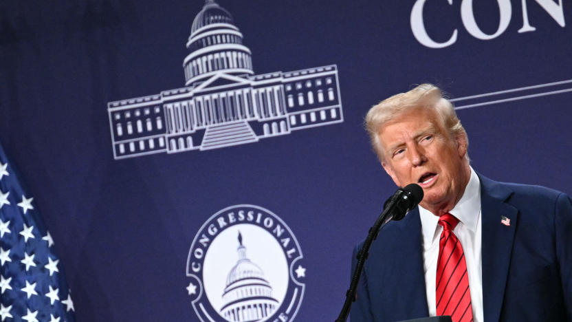 US President Donald Trump speaks at the House Republican Members Conference Dinner at Trump National Doral Miami, in Miami, Florida on January 27, 2025.