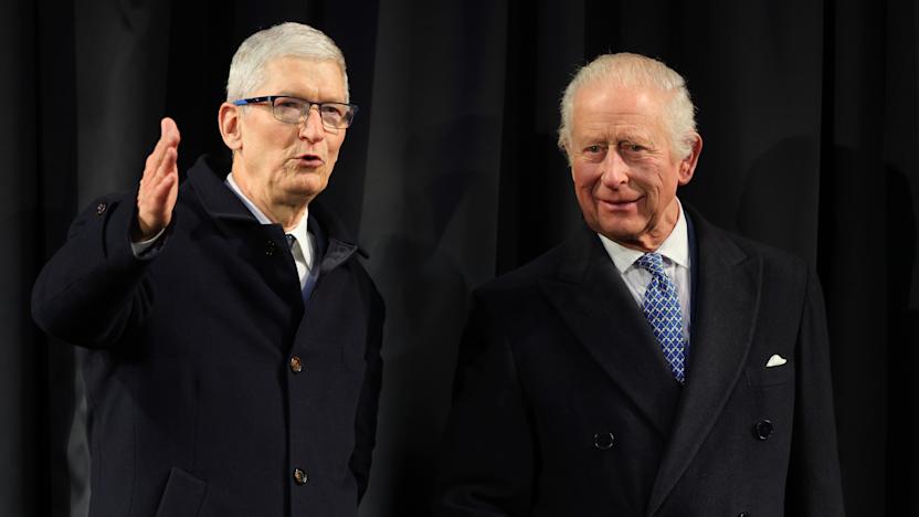 LONDON, ENGLAND - DECEMBER 12: Chief Executive of Apple, Tim Cook and King Charles III  meet Apple employees, community partners and young people from The King’s Trust, during a tour of Apple Headquarters on December 12, 2024 in London, England. The King will engage with Apple employees, learning about their work and contributions to both the tech industry and wider community, before having the opportunity to speak with them about their personal achievements. (Photo by Chris Jackson/Getty Images)