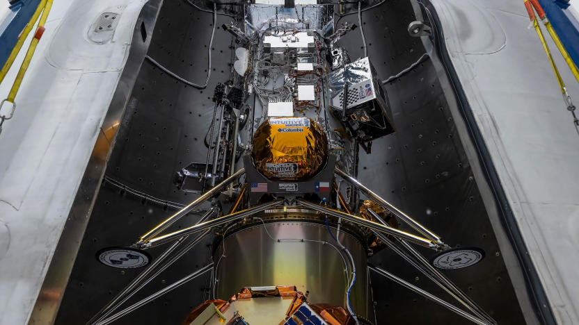 The Athena lunar lander is shown ahead of launch