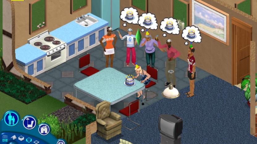 A scene from The Sims, featuring several characters watching another blow out candles on a birthday cake.