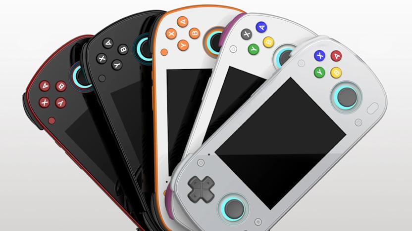 Five Retroid Pocket Mini handhelds of different colors displayed fanned out