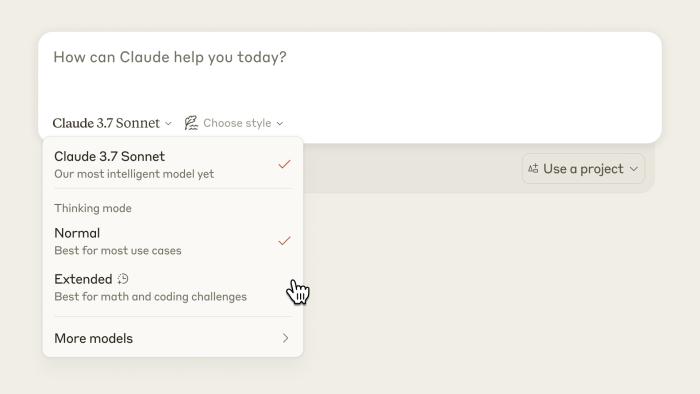 A screenshot of Claude's interface, showing the new model hybrid reasoning modes.