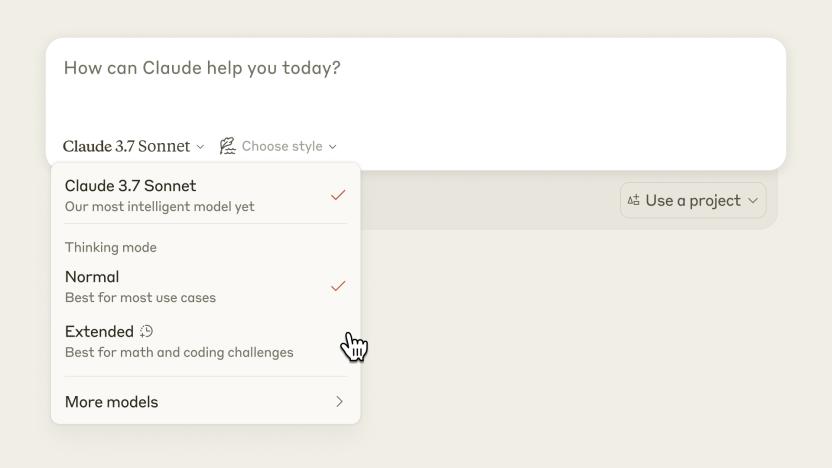 A screenshot of Claude's interface, showing the new model hybrid reasoning modes.