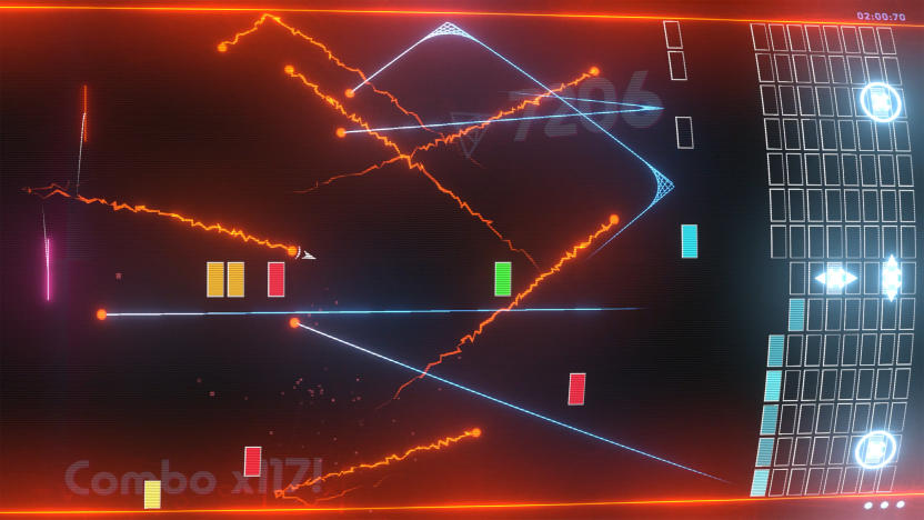 Screenshot of Breakout Beyond, an upcoming reboot of the 1976 Atari classic. Neon-infused balls stream across the landscape screen as bricks lay to the right.