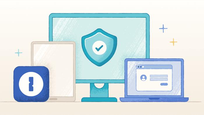 Illustration of a computer monitor with a security shield on it, a laptop, tablet and the 1Password logo.