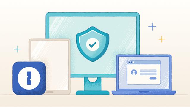 Illustration of a computer monitor with a security shield on it, a laptop, tablet and the 1Password logo.