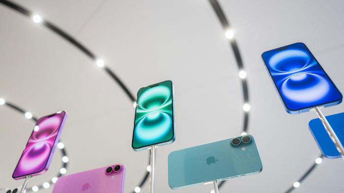 New models of the Apple iPhone 16 are displayed after Apple's "It's Glowtime" event in Cupertino, California, September 9, 2024. Apple on Monday announced a new iPhone built for generative artificial intelligence as it seeks to boost sales and show it is keeping up in the technology race. (Photo by Nic Coury / AFP) (Photo by NIC COURY/AFP via Getty Images)
