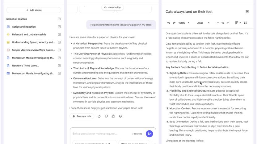 The new NotebookLM layout, with a panel for sources on the left, AI chat in the middle, and AI-generated study materials on the right.