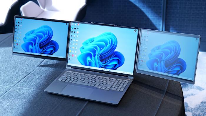 The new ThinkBook 16p Gen 6 with docked with Lenovo's prototype dual 13-inch display add-on. 