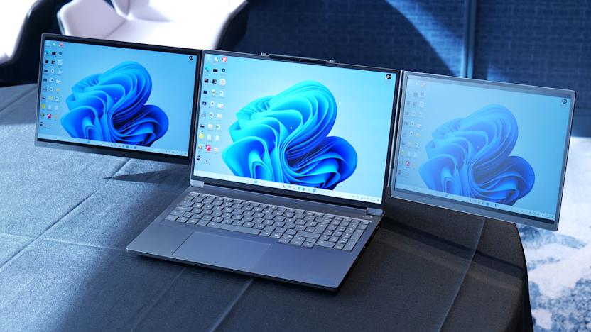 The new ThinkBook 16p Gen 6 with docked with Lenovo's prototype dual 13-inch display add-on. 