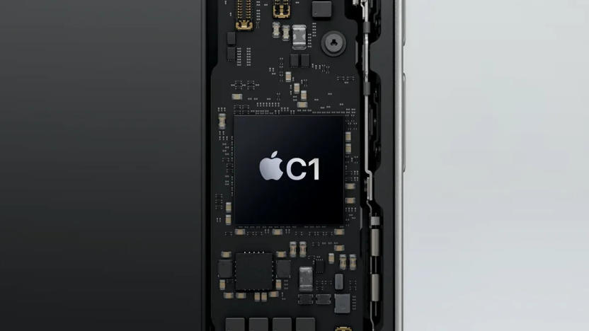 A graphic of the iPhone 16e's internals, showing a black square with the Apple logo and "C1" at the center