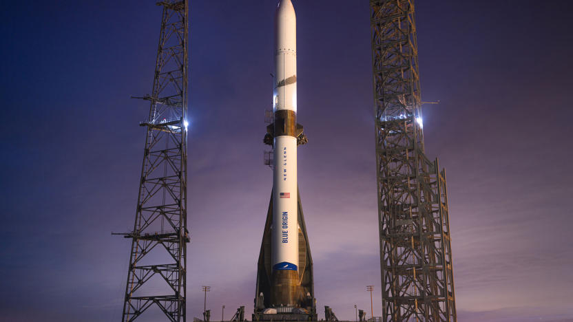 Photo of Blue Origin’s New Glenn rocket sitting on the launch pad.