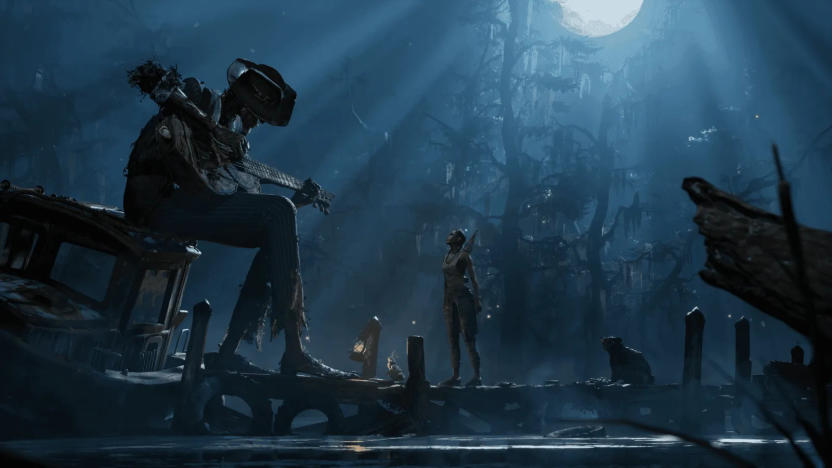 A screenshot from South of Midnight of the player character standing in front of a giant skeleton man.